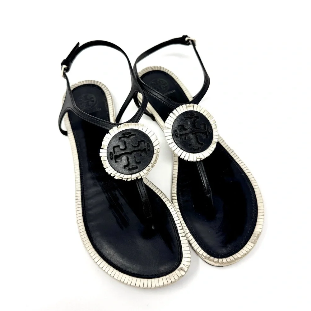 Tory Burch Miller Fringe Ankle Strap Sandals - Black & Off White